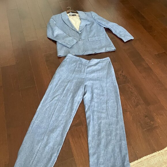 Sparkle in ZARA Suit- Shiny Blue Jacket & Straight Leg Pants - Picture 2 of 3